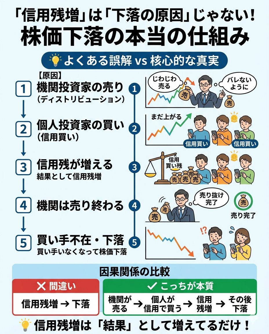 zukai_haluta's tweet photo. 99%の人が理解できていないと思うので翻訳する
信用残が増えてるから下がるんじゃない
機関が売る
↓
個人が「まだ上がる」と思って信用で買う
↓
その結果信用残が増える
↓
買い手いなくなって下落
つまり信用残増＝原因じゃない
横文字で難しくそれっぽい雰囲気で言ってるけど機関が売って個人に押し付けてるって意味