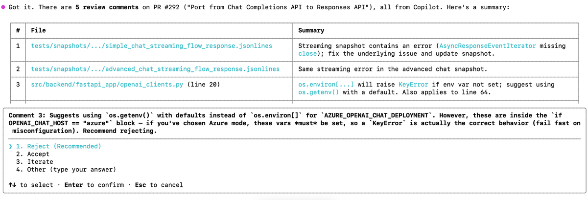 pamelafox's tweet image. The skill I use 10x/day: /review-pr-comments
It goes through each PR comment, recommends  accept/reject/mod, then commits, replies, resolves.
github.com/pamelafox/revi…
I have it installed globally so it works in both Copilot CLI + VS Code Copilot, but you can install for any agent: