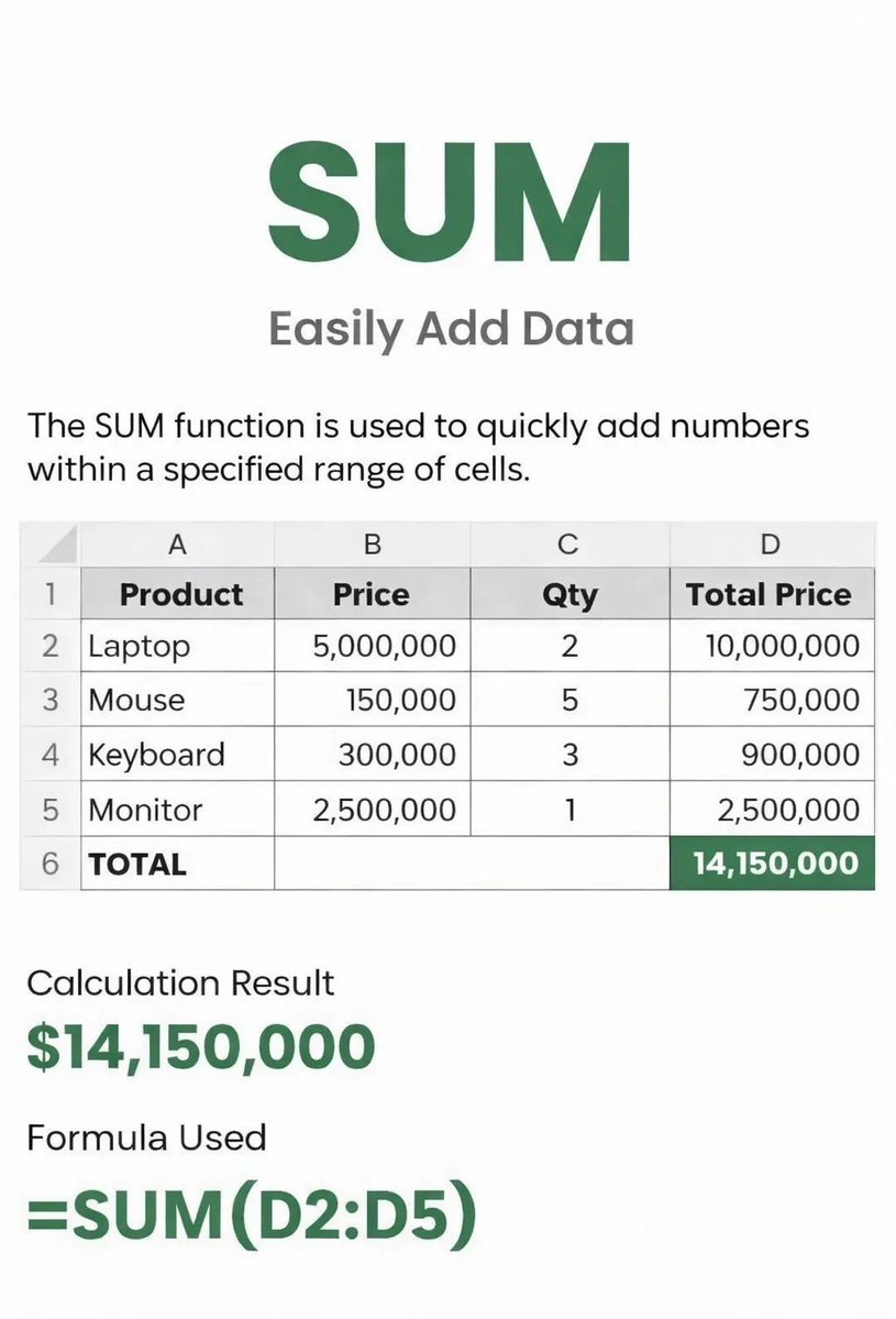 gudanglifehack's tweet image. 𝗕𝗲𝗴𝗶𝗻𝗻𝗲𝗿𝘀 𝗠𝘂𝘀𝘁 𝗨𝗻𝗱𝗲𝗿𝘀𝘁𝗮𝗻𝗱 𝗮𝗻𝗱 𝗠𝗮𝘀𝘁𝗲𝗿 𝗧𝗵𝗲𝘀𝗲 𝟭𝟬 𝗘𝘅𝗰𝗲𝗹 𝗙𝗼𝗿𝗺𝘂𝗹𝗮𝘀

𝗦𝗨𝗠 → Adds numbers
𝗔𝗩𝗘𝗥𝗔𝗚𝗘 → Calculates the average value
𝗖𝗢𝗨𝗡𝗧 → Counts numbers
𝗖𝗢𝗨𝗡𝗧𝗔 → Counts non-empty cells
𝗠𝗜𝗡 → Returns the