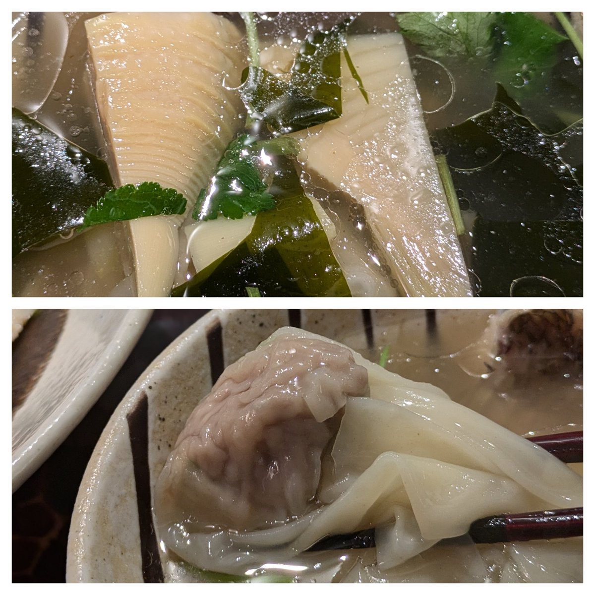 響 くろ㐂@浅草橋
鯛塩つけそば めかぶ餡&amp;本日のワンタン
(鴨×春芹)
喉越し最高なツルツル麺にめかぶのみを絡めて頂いても最高
鯛の旨味抜群なつけ汁にたっぷり浸して頂いても最高すぎ
つけ汁の中には旬の筍やくろ㐂名物
大根や追加の旨味最高なワンタンも
残ったつけ汁にはめかぶを
ほんとヤバ旨す