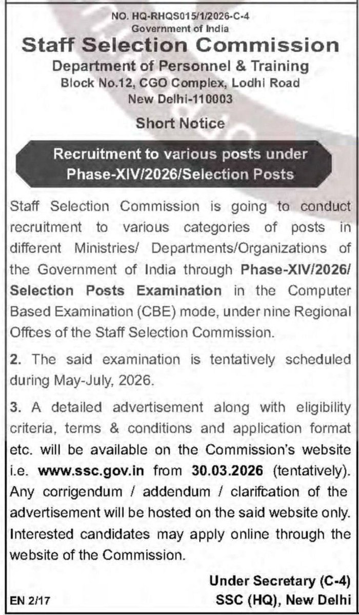 CivilsNetwork's tweet image. SSC Phase- XIV/2026 Selection Posts Short Notice

#SSC