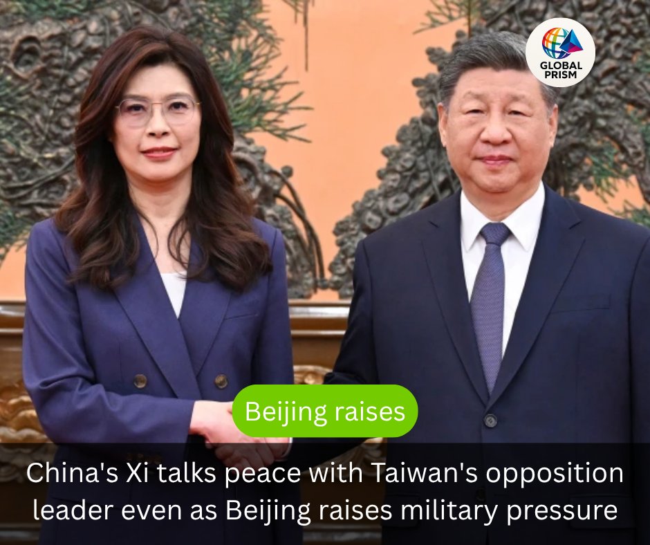 Globalprism1's tweet image. China’s President Xi has engaged in talks focused on peace with Taiwan’s opposition leader, signaling a diplomatic outreach despite rising military pressure from Beijing. #China #Taiwan #XiJinping #CrossStraitRelations #Geopolitics #AsiaPacific #BreakingNews #WorldNews