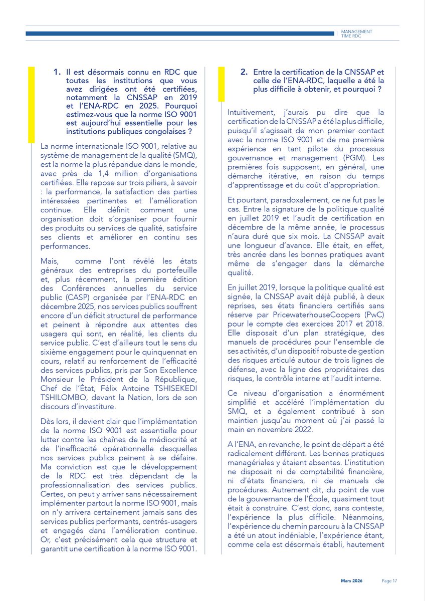 Managementtrdc's tweet photo. @Managementtime au Directeur général de l’ENA, @tombolamuke 

Il est désormais connu en RDC que toutes les institutions que vous avez dirigées ont été certifiées, notamment la CNSSAP en 2019 et l’ENA en 2025. Pourquoi estimez-vous que la norme IS0 9001 est aujourd’hui essentielle pour les institutions publiques congolaises.

Pour découvrir la richesse de cet entretien, vous pouvez télécharger le magazine en version digitale :

https://t.co/WxA5D2oSB6
