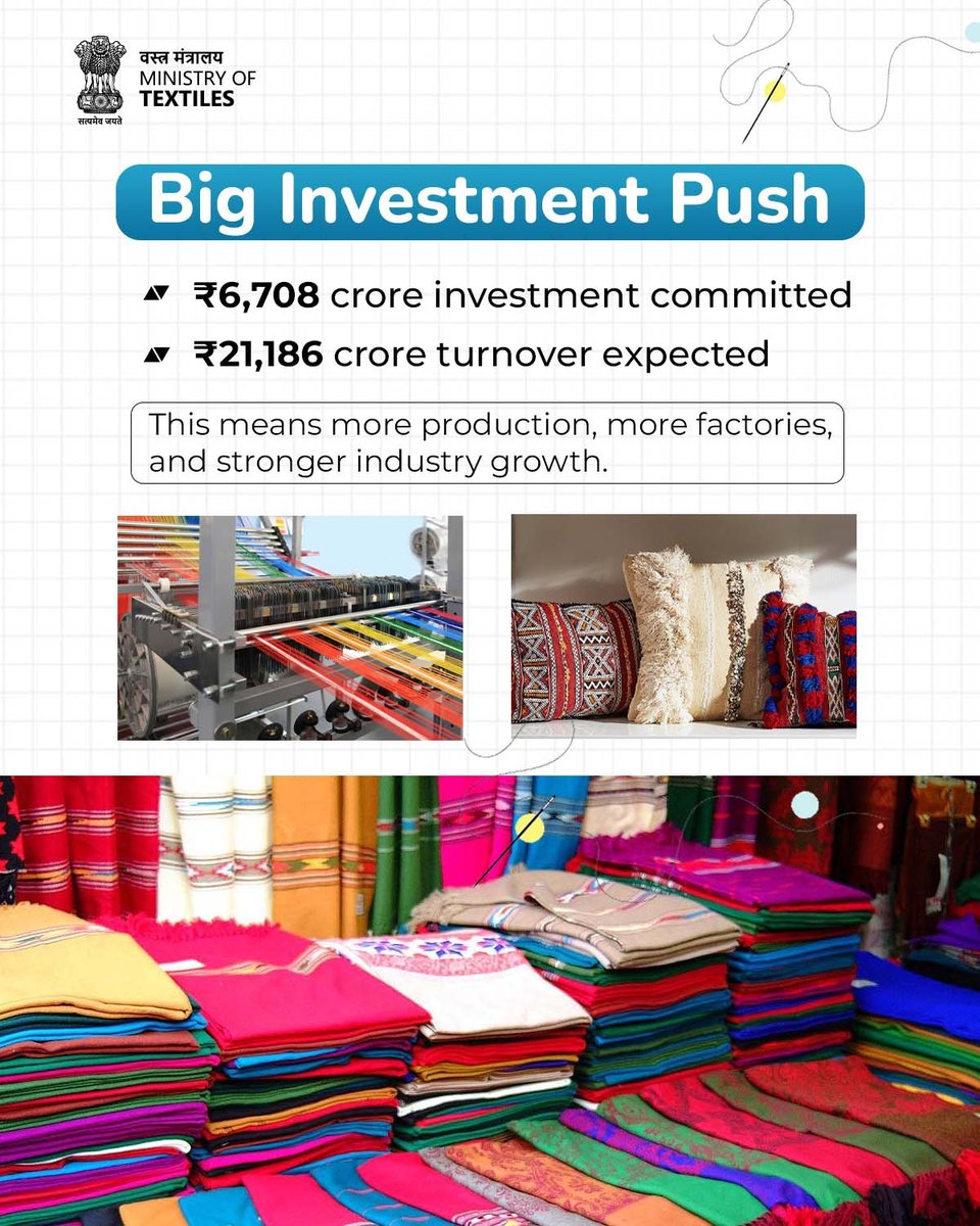 TexMinIndia's tweet photo. The Government has approved 52 new applications under Round III of the Production LinkedIn Incentive (PLI) Scheme for Textiles. These include 5 for MMF Apparel, 19 for MMF Fabrics, 18 for Technical Textiles, and 10 across multiple segments.

The scheme continues to boost investment, innovation, and job creation, strengthening India’s capabilities in high-value textile manufacturing and advancing the vision of making India a global textile hub.

#PLIScheme #MakeInIndia #AtmanirbharBharat #TechnicalTextiles #MMF #Fabrics
@PMOIndia @PIB_India @PIBTextiles @NTTM_MoT