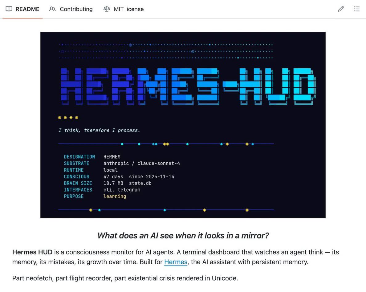 alifcoder's tweet image. 🚨 BREAKING: Someone built a dashboard that shows you exactly what your AI agent sees when it looks at itself.

It’s called Hermes HUD.

And the README opens with one question:

“What does an AI see when it looks in a mirror?”

→ Reads directly from your agent’s data directory