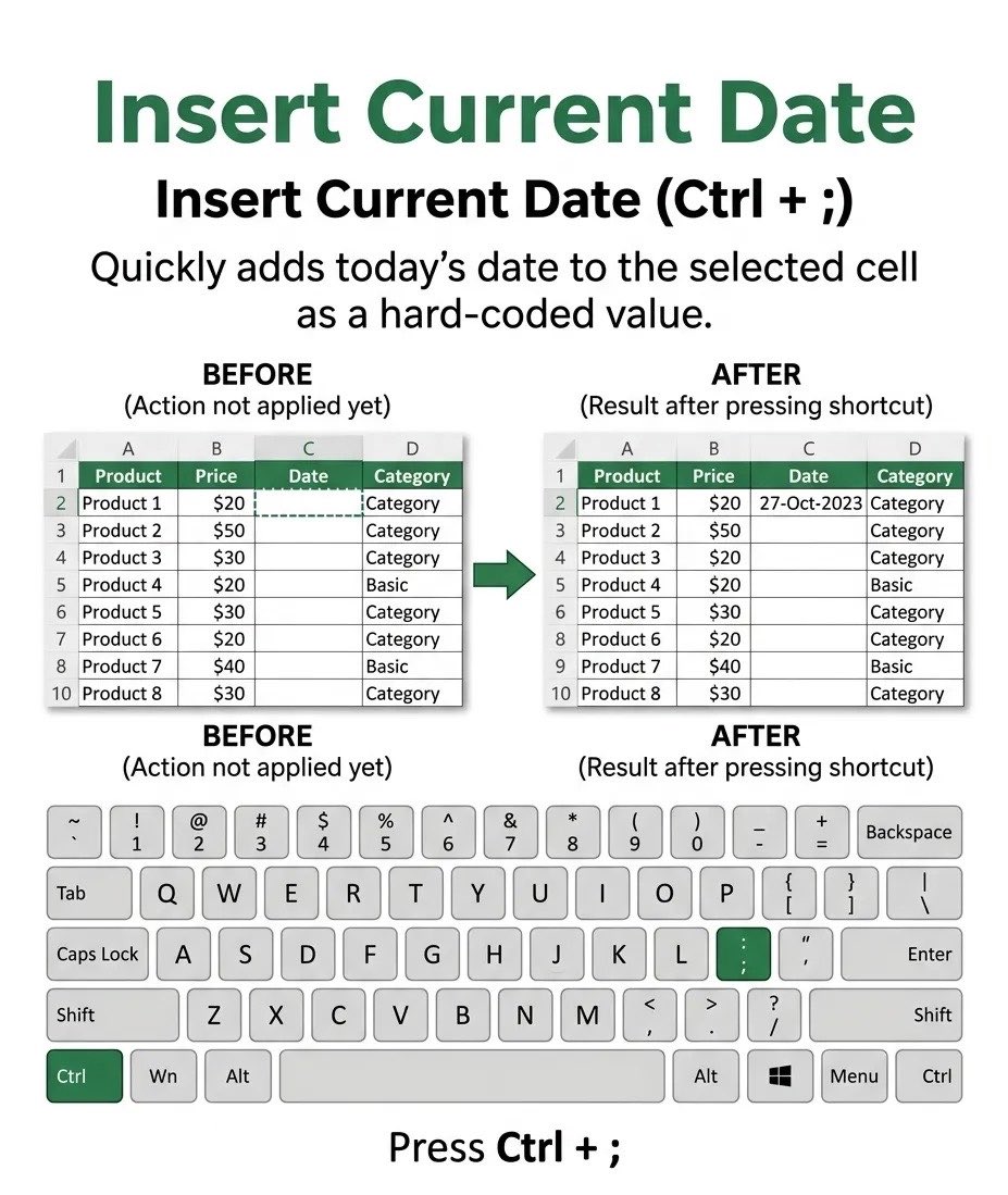 gudanglifehack's tweet image. 𝟴 basic 𝗘𝘅𝗰𝗲𝗹 𝗦𝗵𝗼𝗿𝘁𝗰𝘂𝘁𝘀 You Should Know 👇

𝗔𝗹𝘁 + ↓ - Open dropdown list
𝗖𝘁𝗿𝗹 + ; - Insert current date
𝗖𝘁𝗿𝗹 + 𝗦𝗵𝗶𝗳𝘁 + ; - Insert current time
𝗖𝘁𝗿𝗹 + 𝗧 - Convert data to table
𝗖𝘁𝗿𝗹 + 𝗦𝗵𝗶𝗳𝘁 + 𝗟 - Apply filter
𝗔𝗹𝘁 + = - AutoSum