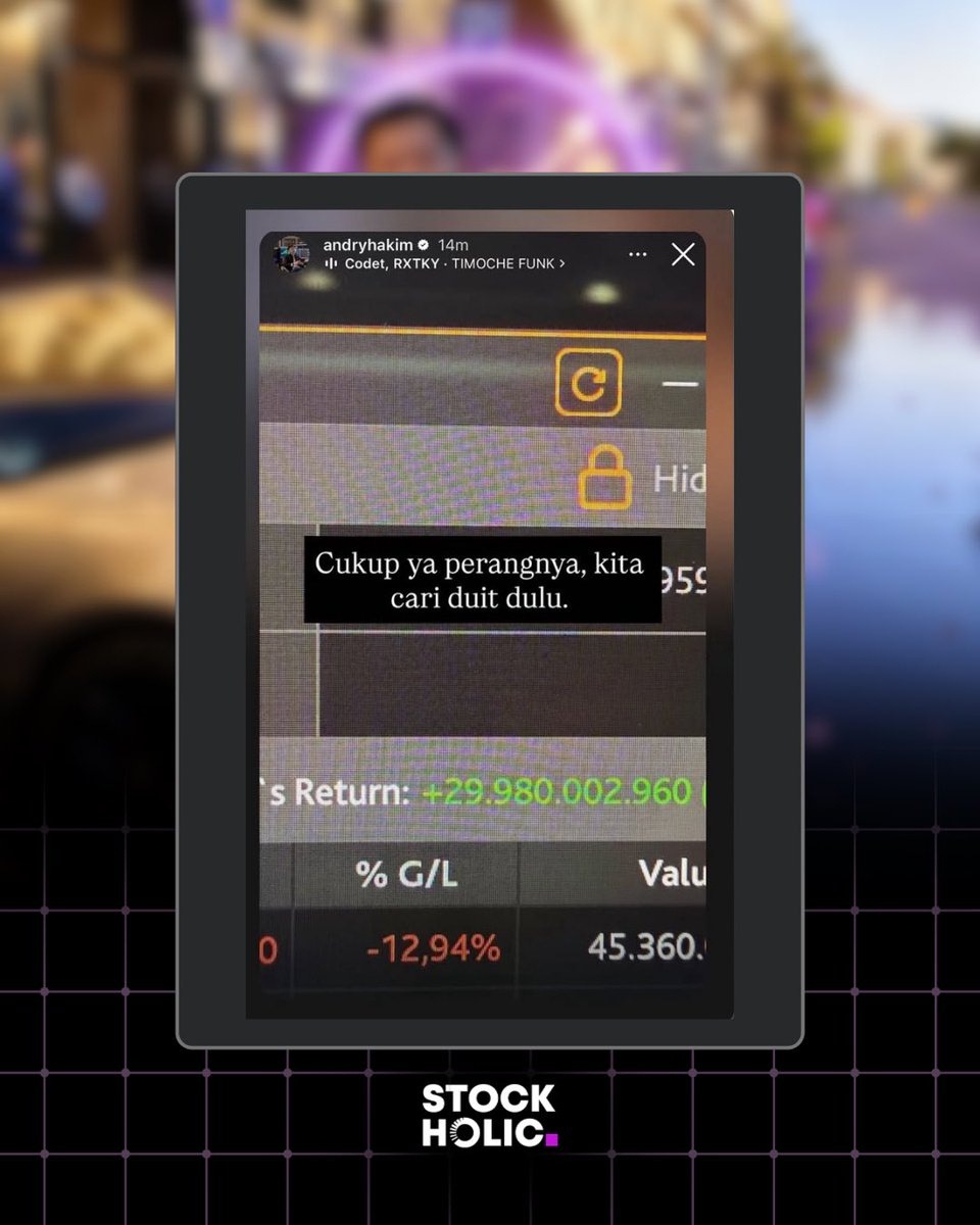 Lagi rame nih di kalangan trader Indonesia Andry Hakim flex portofolionya di story Instagram dan angkanya nggak main-main. 

Win rate-nya tembus 93,84%, return portofolionya tercatat +29,9 Miliar, dan salah satu saham yang dia pegang yaitu WBSA sudah profit +34,52%.

Sambil pamer