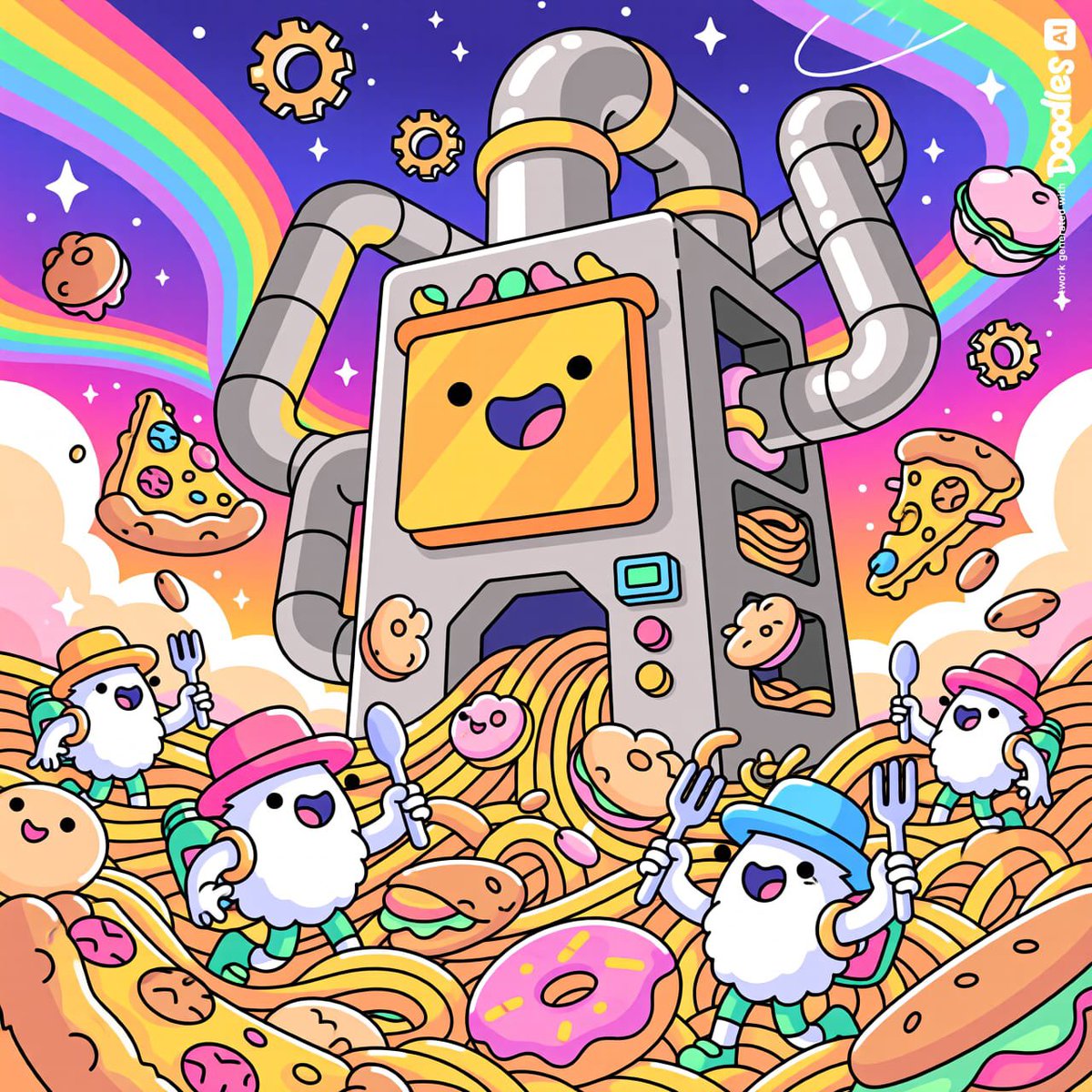 bannetx's tweet photo. The Happy Food Factory
A state-of-the-art contraption that runs on doodle joy.

A laughing oven on tiny feet spills tasty food through portal pipes. delivered to every world and dimension.

Why?
Because it's tasty af.
And everyone deserves a bite of happiness https://t.co/RAUU5PJrs0