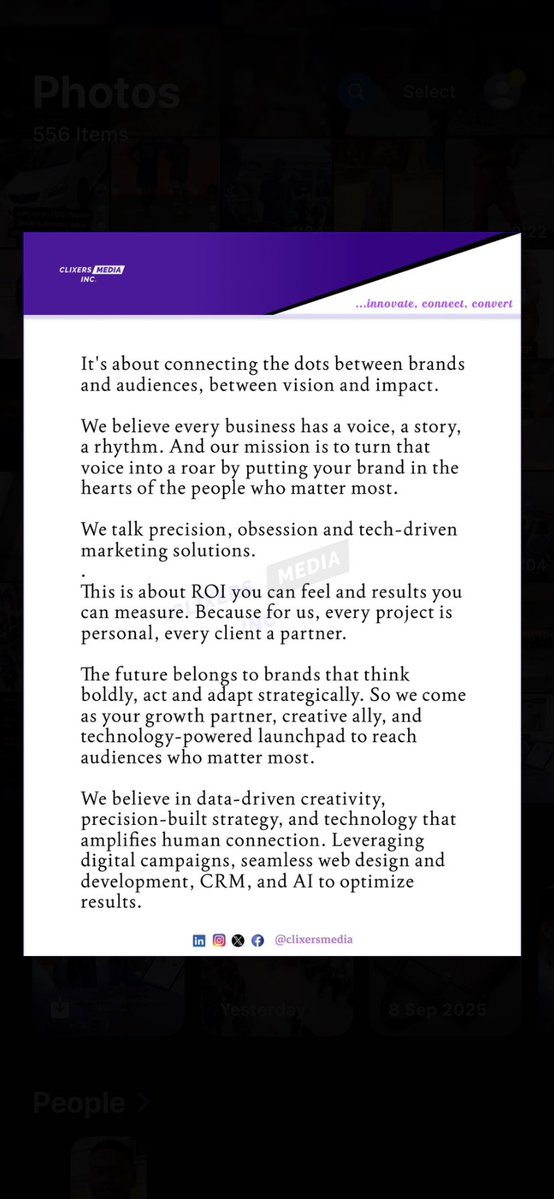 clixersmedia's tweet image. This isn’t just words. It’s how we think, build, and deliver results.

If your brand is ready to be felt, and not just seen, then let’s talk.

#ClixersMedia #BrandGrowth #MarketingThatWorks #Tech