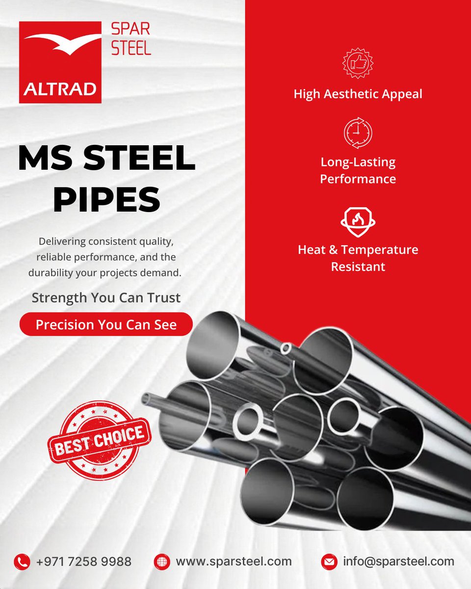 SteelSpar's tweet image. Our MS Steel Pipes are designed to deliver consistent quality, reliable performance, and long-lasting durability,
High performance. Clean finish. Built to last.
Your best choice for dependable steel solutions.
🌐 sparsteel.com
#AltradSpar #MSPipes #MSSteelPipes