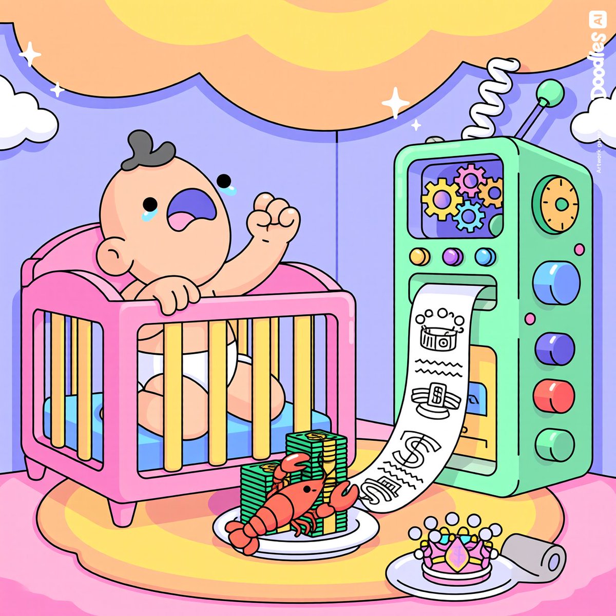 kyurukyurutrade's tweet photo. Babble-to-Bling Over-Translator (Auto-Ordering Edition)
Analyzes baby cries to fulfill needs.
Expected: milk tracking.
Reality: “Lobster. Cash. Crown.” auto-ordered.
Discontinued after draining parents’ accounts.
@doodles
#DoodlesAI #Contraptions https://t.co/Bv67xIRpU7