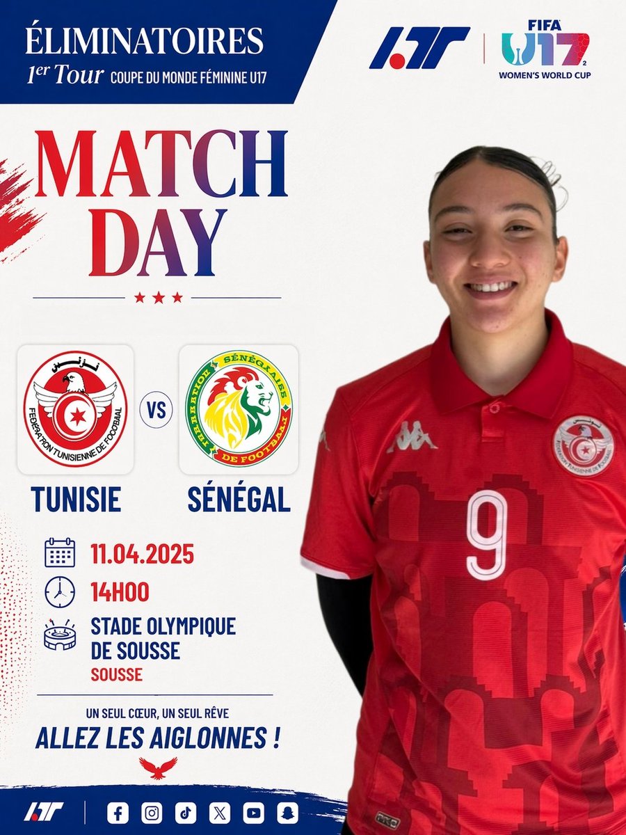 les_ltt's tweet photo. [EN U17F 🇹🇳] 
⚔️⚔️⚔️ MATCH DAY ⚔️⚔️⚔️ 

TUNISIE 🇹🇳 - 🇸🇳 SÉNÉGAL 

14:00 🕑 TN | 15:00 🕑 FR
Stade Olympique de Sousse 🏟️

1er tour éliminatoire CdM U17
Pas télévisé 📺❌️

#TUNSEN 🇹🇳🇸🇳
#NextGenEagles 🦅
#TeamTunisiaU17W 💪🏽

👉 Tous nos liens :
🔗 https://t.co/zc2Dsy6kDS https://t.co/kwMw2AOZLp