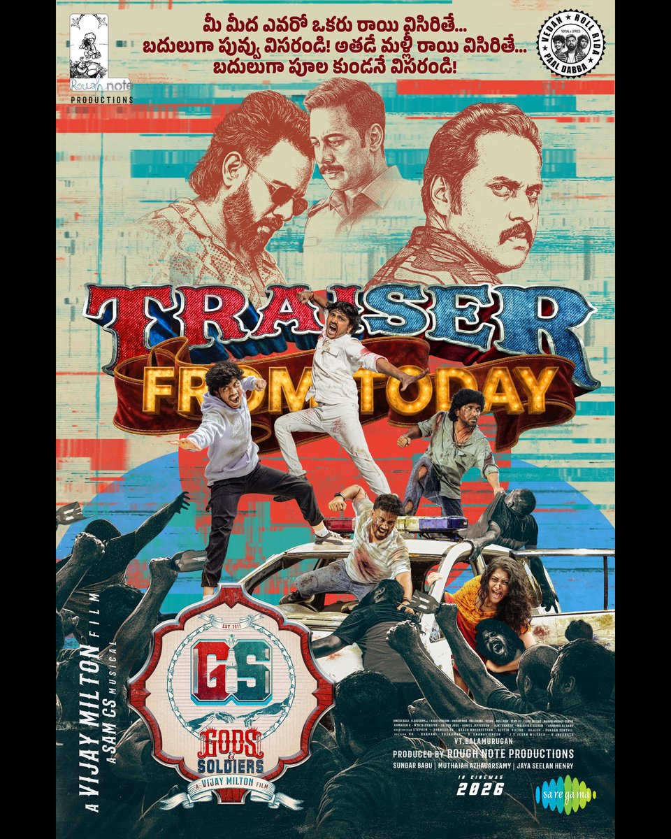 RoughnoteProd's tweet photo. Strength in unity. Power in division — the #GodsandSoldiersTRAISER - Telugu ⚔️🔥 is out now!

Catch the TRAISER here : https://t.co/h41l9209cC

@roughnoteprod
@vijaymilton @bharathhere @itsrajtarun #sunil @paal_dabba  
@aariarujunan @samCSmusic @rollrida @ProRekha @digitallypower @dineshbalaoffl @IamEluruSreenu @vm_mor  
@Ammu_Abhirami @KSD_official @bharath_seeni @ImmanAnnachi