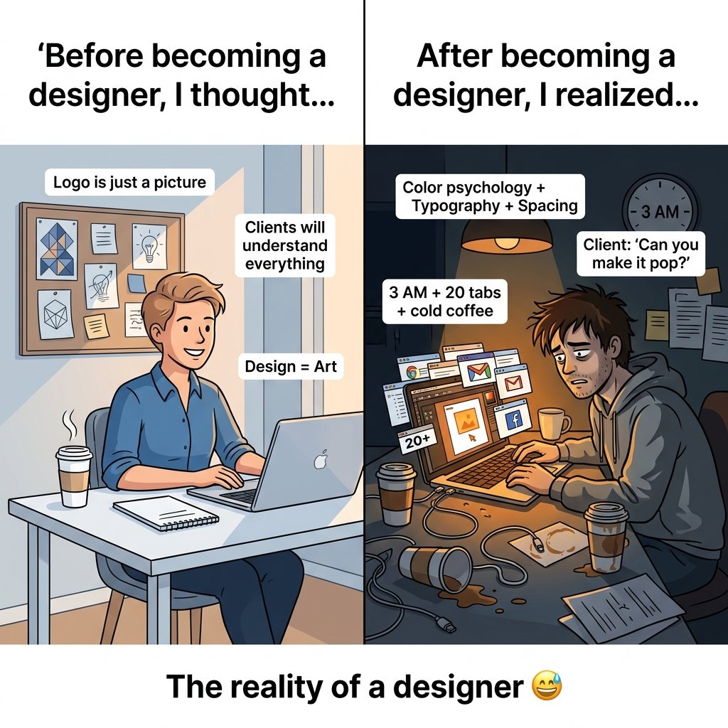 gfxemran's tweet photo. Thought being a designer was about art.

Then I met client feedback, 3AM deadlines, and cold coffee.

Still wouldn't trade it. ❤️

#DesignReality https://t.co/wQqCvzBFCK