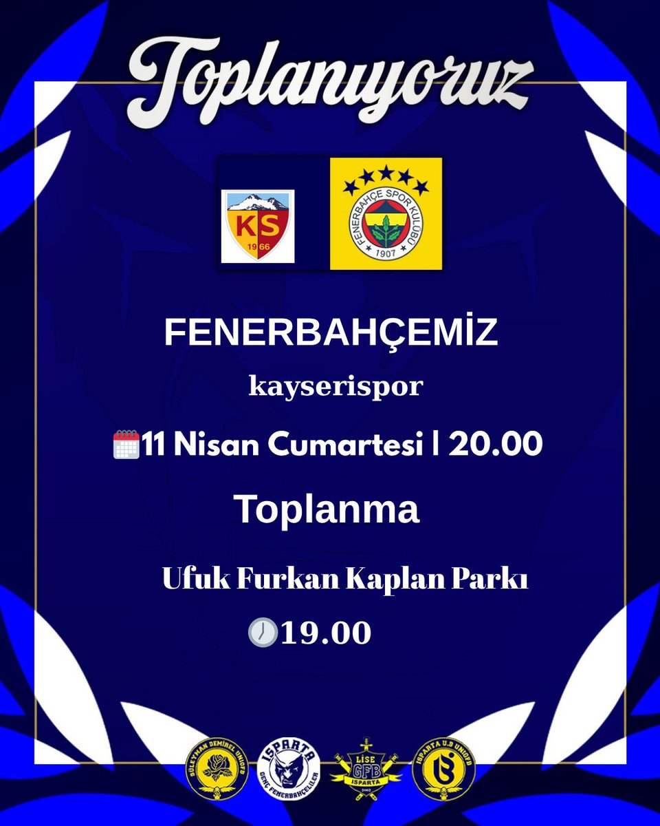 📢 TOPLANIYORUZ 

FENERBAHÇE’mizin bugün kayserispor ile oynayacağı maç için saat 19.00'da Ufuk Furkan Kaplan Parkı'nda toplanıyoruz.Isparta'da olan tüm kardeşlerimizi bekliyoruz.

#SpartanHools