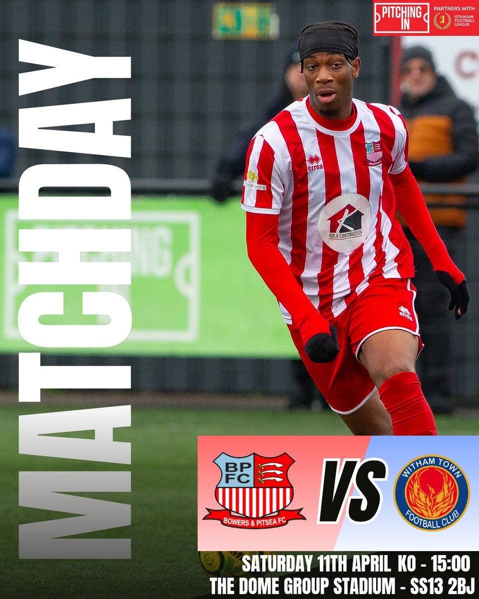 IT'S MATCHDAY. We welcome <a href="/Withamtownfc/">WithamTownFC</a> today as our league campaign approaches the end. Just three massive games left for Bowers. Come down to the Dome Group Stadium today and show your support and get behind the lads. 
#JoeFlowersRedAndWhiteArmy 
#UpTheBowers