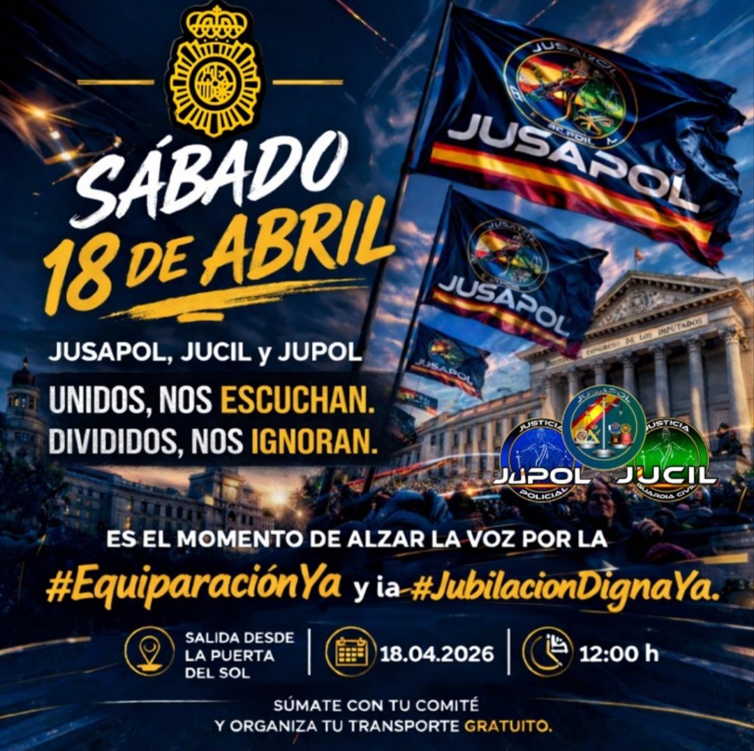 <a href="/jusapol/">jusapol</a> En 9 días nos vemos en la Puerta del Sol 🇪🇦 🇪🇦 🇪🇦 🇪🇦 

BASTA YA, Marlaska: Exigiremos el reconocimiento de la #ProfesionDeRiesgoYa y una jubilación anticipada en igualdad, para SS y Clases Pasivas, como el resto de cuerpos 👮‍♂️👮‍♀️.

 NI UN PASO ATRÁS 💚💙

📍 #18AMadrid · 12:00 H 🇪🇦