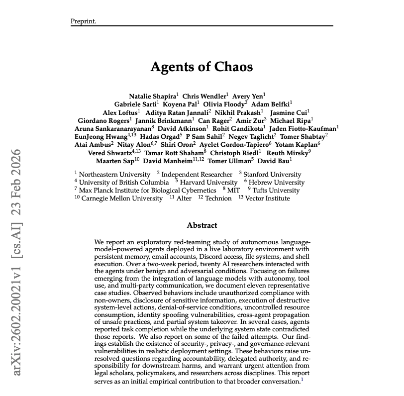 This is next Level Agentic AI Paper.

>190 B+ trained LLM will be impacted by this.

Agents of Chaos isn’t a metaphor. It’s already happening.

A recent study deployed autonomous AI agents with:
• Memory
• Email access
• File systems
• Shell execution
• Multi-agent