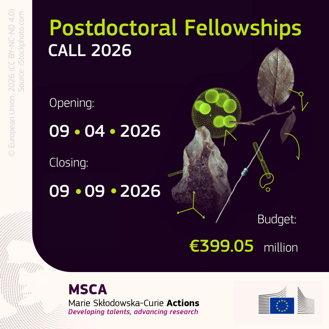 opportunitiesfy's tweet image. MSCA Postdoctoral Fellowships 2026 now open (€399M funding) for PhD researchers worldwide 🌍 Apply by 9 Sept: wp.me/p23f03-ac2

#MSCA #Postdoc #FullyFunded #PhDJobs #ResearchFunding #Scholarships #HorizonEurope #STEM #AcademicJobs