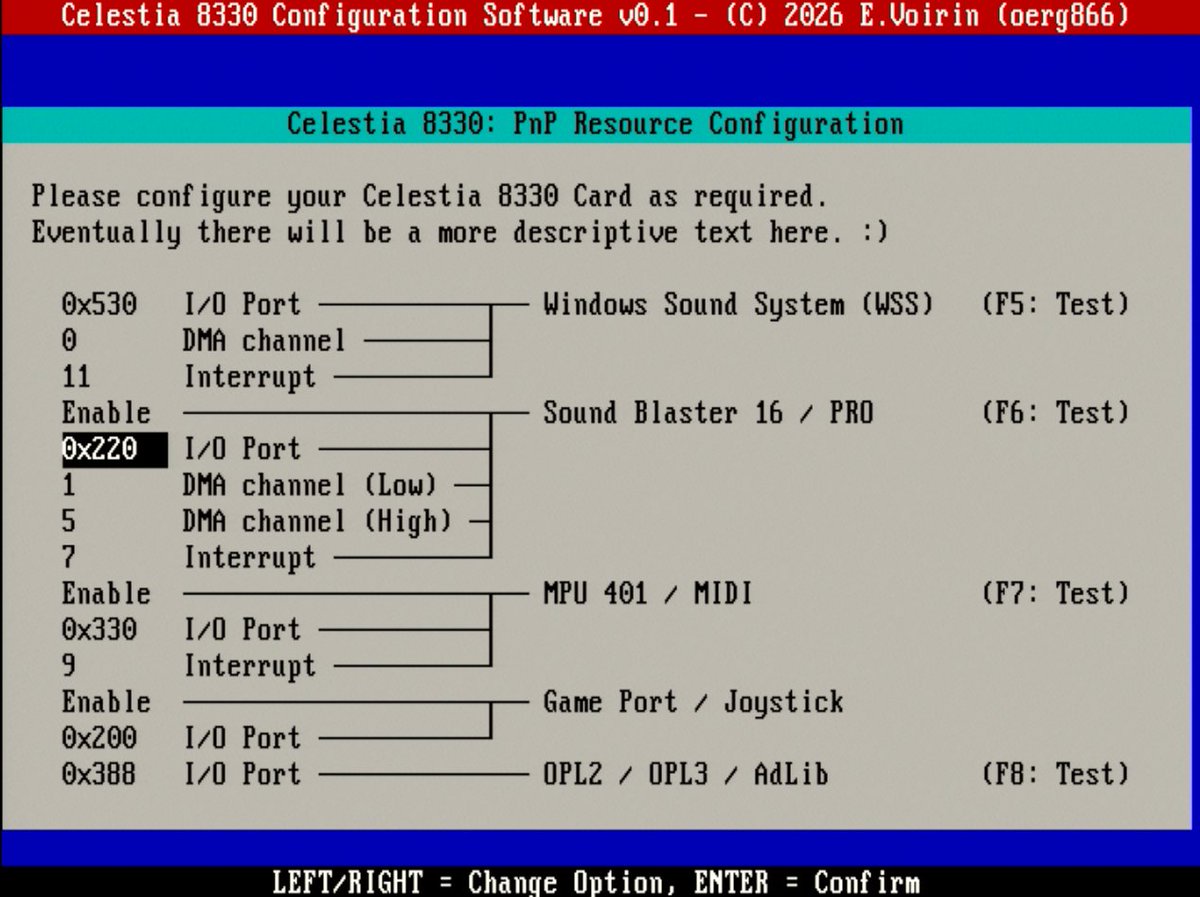 oerg866's tweet image. The first version of the PnP configuration tool is ready just in time for the sound card PCBs to arrive... Fingers crossed!

One caveat: I still need to implement MPU test code... MIDI is kind of a hard file format to parse. :\