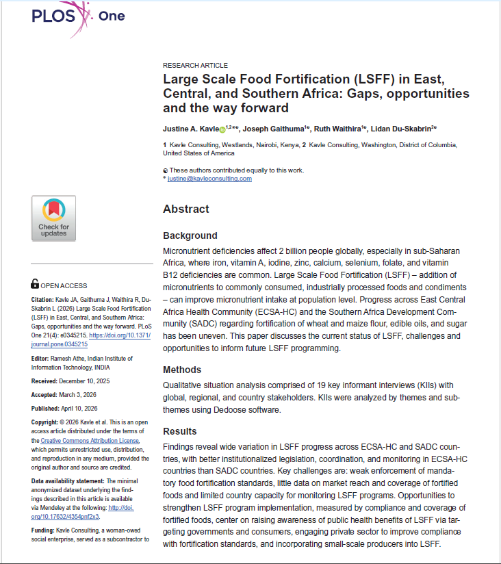 kavleconsult's tweet photo. Our🆕open-access article in @PLOSONE on large-scale food #fortification (#LSFF)🌾across 18 countries in East, Central, & Southern Africa Health Community & Southern African Development Community🌍Done w/ @TechnoServe under the former @USAID AFFORD
🔗Read 👉🏾https://t.co/AvTStbxPNA https://t.co/UmRlycau6W