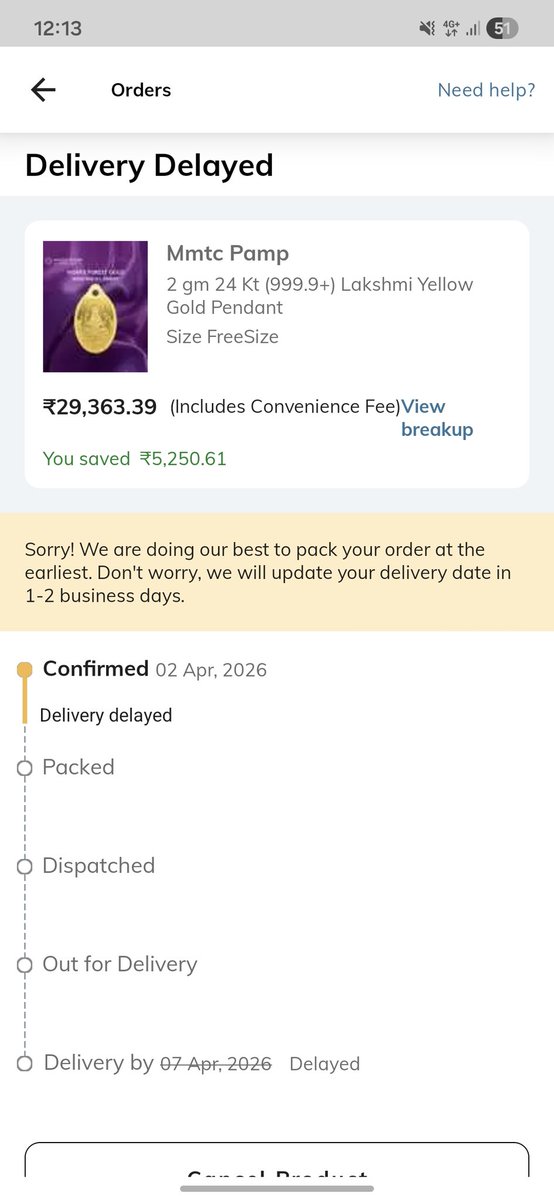 CA_Durgesh9's tweet image. Ordered #gold coin from @AJIOLife Estd. delivery date was 7th Apr. On 7th Apr Gold price gone up, so they deliberately delayed order. Raised issue here on 7th itself. On 8th Apr, they mentioned that Delivery Date will be updated within 1-2 bus days. (1/2)