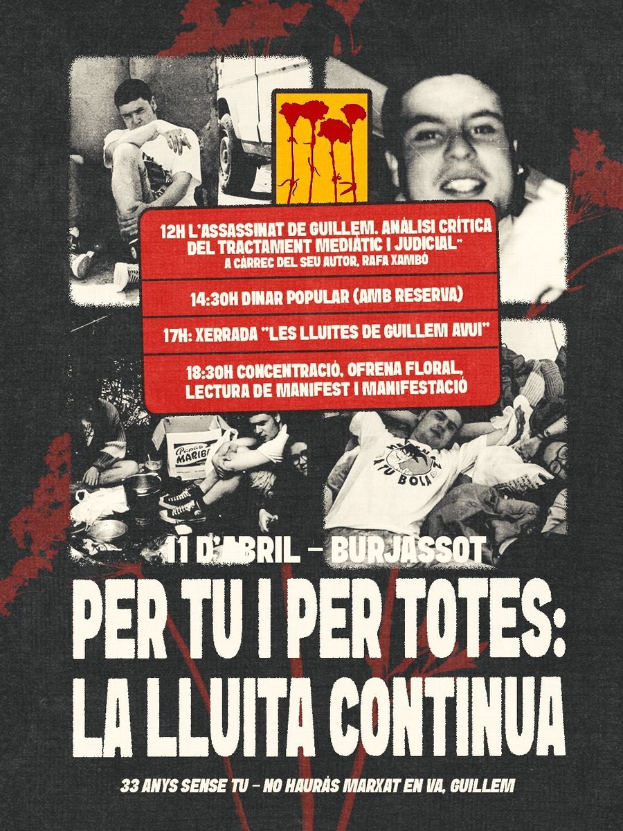 33 anys sense Guillem. 33 anys de lluita, sense oblidar, ni perdonar. I així seguirem, per tu i per tants, fins la victòria.
Hui dissabte 11 d'abril, totes i tots a Burjassot! Des de les 12h a <a href="/bassot_/">Ca Bassot 🇵🇸</a> 
Guillem Agulló la lluita continua!