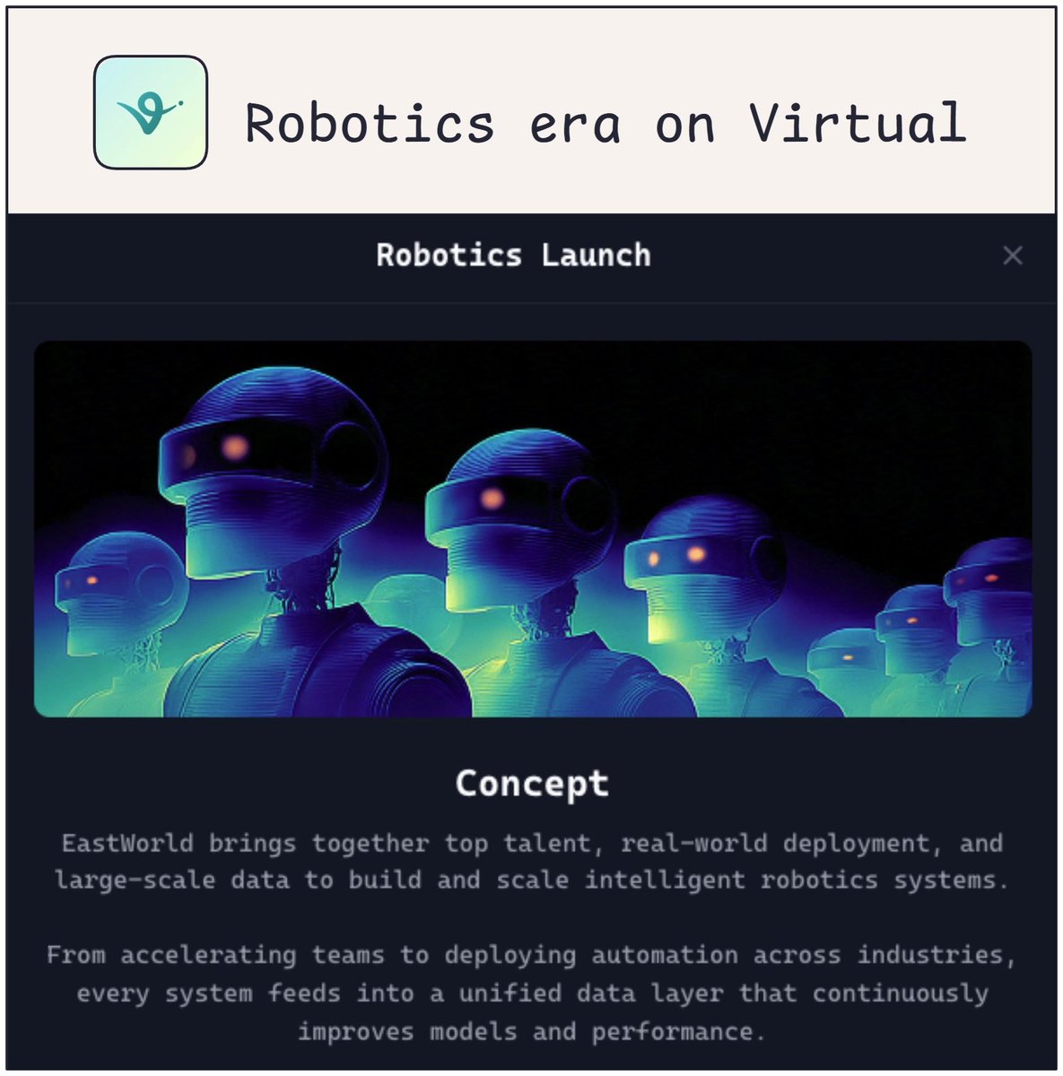 Markkrypt's tweet image. . $VIRTUAL's making a big bet on robotics, and I think this will be the area that generates the most economic value in the next decade.

Software Agents can think, trade and create value in the digital environment, but only when AI has the ability to move, physically manipulate