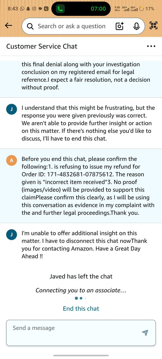 i_aabhansh's tweet image. closed my case without proof and even disconnected chat when asked for evidence. @amazonIN @raghav_chadha

Order ID: 171-4832681-0787561
Returned item accepted at pickup, still refund denied.

Escalated to . Expecting resolution.

#AmazonIndia #CustomerRights