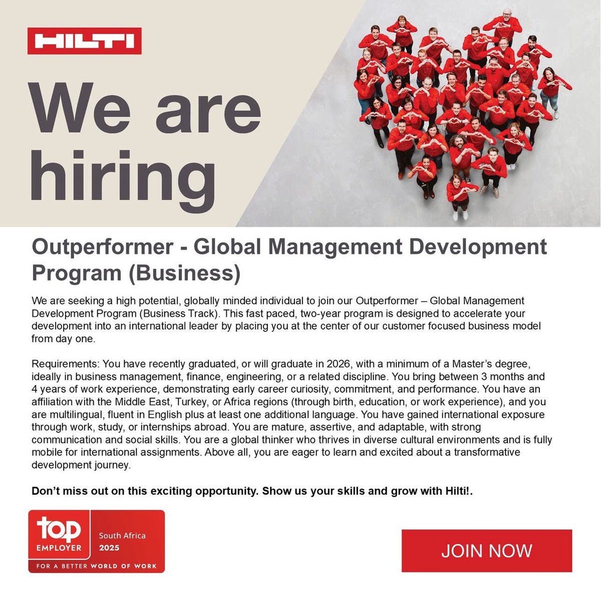 yuthconnect's tweet image. 📌HILTI

We’re looking for a high‑potential, globally minded talent to join our Outperformer – Global Management Development Program (Business Track)

👉 hilti.to/outperformer_g…

#LeadershipDevelopment #GlobalCareers #BusinessLeadership
