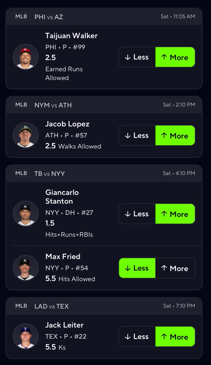 billhpicks's tweet image. Prize Picks 5 Guy Burger and Fries🍔

MLB Saturday🔥

Taijuan Walker Over 2.5 ERA
Jacob LopezOver 2.5 BB's
Giancarlo Stanton Over 1.5 H+R+R
Max Fried Under 5.5 Hits
Jack Leiter Over 5.5 K's

Get My Best Picks FREE👇
discord.gg/syDrPwYcev