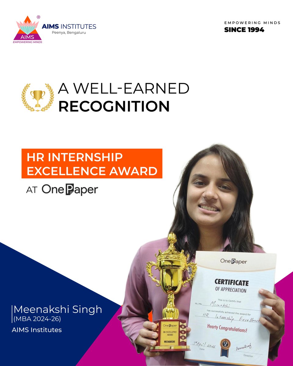 AIMSinstitutes's tweet image. A proud moment for AIMS Institutes. Meenakshi Singh (MBA 2024–26) receives the HR Internship Excellence Award at One Paper.

#aimsinstitutes #studentachievement #mba #internship