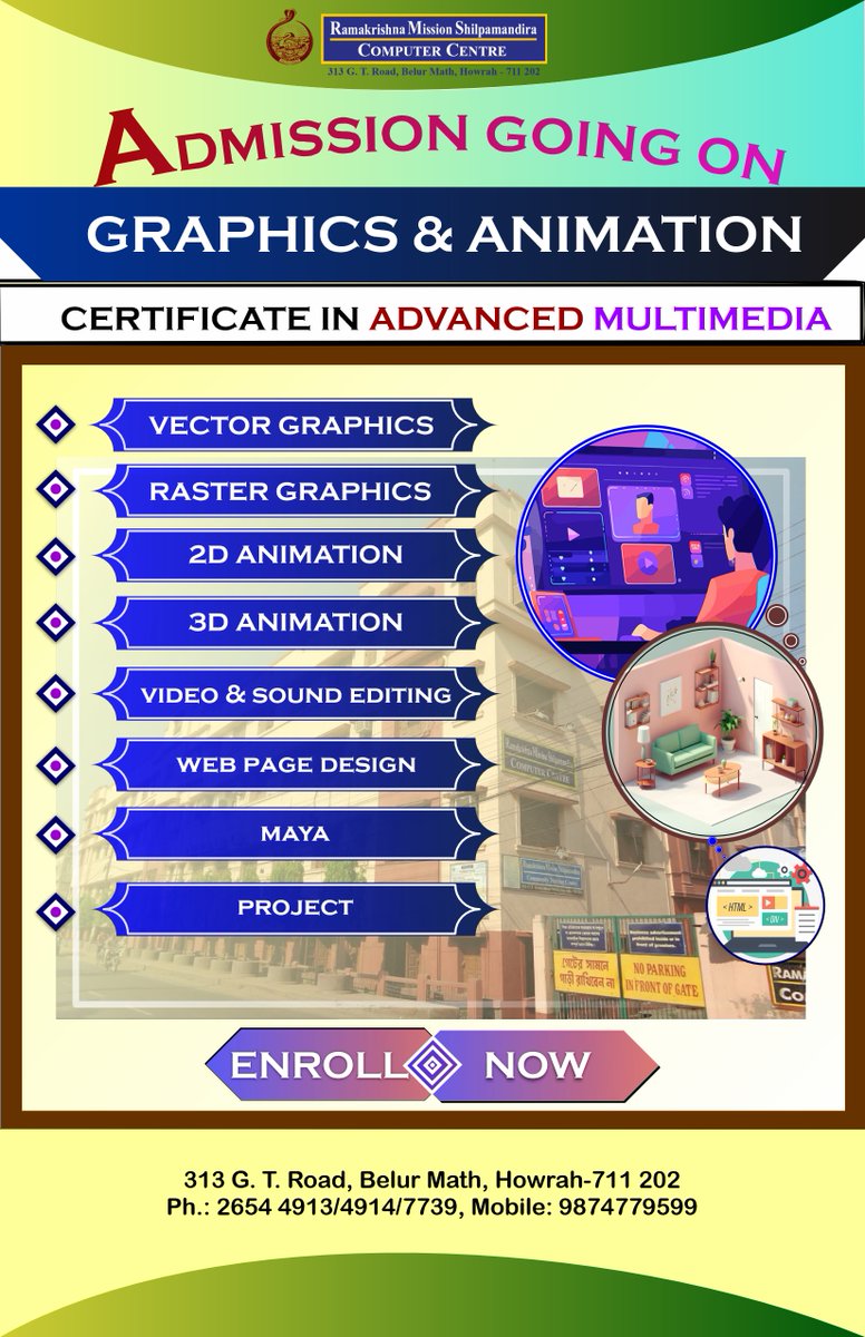 Rkmscc's tweet image. Admission Open. Contact us : 9874779599
Certificate Course in Advanced Multimedia offered at Ramakrishna Mission Shilpamandira Computer Centre, located in the serene Belur Math campus.
#Multimedia #SkillDevelopment #BelurMath #RamakrishnaMission #CreativeCareers #DigitalSkills