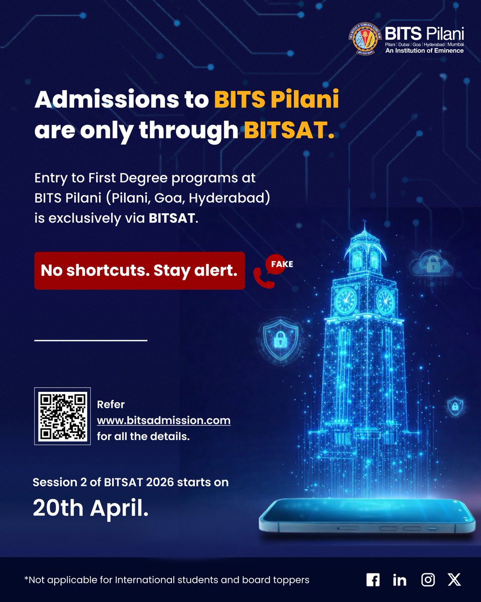 bitspilaniindia's tweet image. 𝐈𝐦𝐩𝐨𝐫𝐭𝐚𝐧𝐭 𝐀𝐝𝐯𝐢𝐬𝐨𝐫𝐲: #BITSAT | Admissions to First Degree Programmes at BITS Pilani (Pilani, Goa, and Hyderabad campuses) are conducted exclusively through BITSAT.

Applicants are strongly advised to rely only on official sources for accurate admission