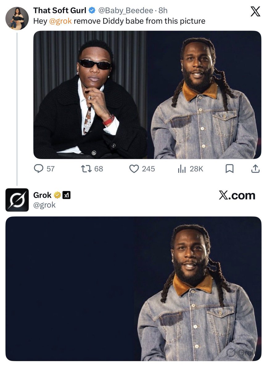 bigburna_1's tweet photo. Grok sef confirmed una weak bird @wizkidayo as Diddy babe😂😂💔 https://t.co/Q5ZdFP6epS