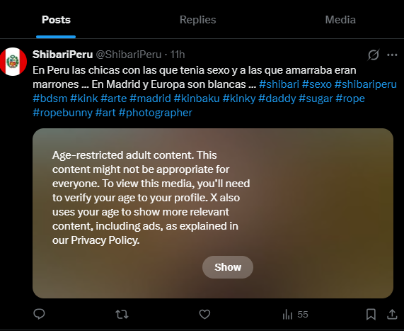 ShibariPeru's tweet photo. Espa��a socialista es una K, aca no es como en Peru que eres libre de ver todo el porno que quieras, aca antes quieren saber quien eres, como es tu cara, donde vives, que haces, que miras, cuando cagas ... todo ... (Vista de mi twitter dentro de España) https://t.co/ypUMybAGgA