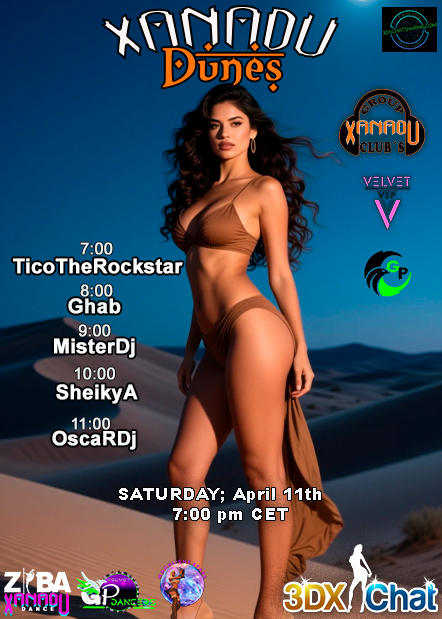 🏜️ ＸＡＮＡＤＵ™ 》ＤＵＮＥＳ《
Desert heat, slow fire, and a rhythm that never stops.
Saturday April 11th, 7:00 pm CET at <a href="/3dxchat/">3DXChat</a>.
Feel the sand, feel the heat… and lose control.
#Xanadu #Dunes #3DXChat #Party #Dance #House