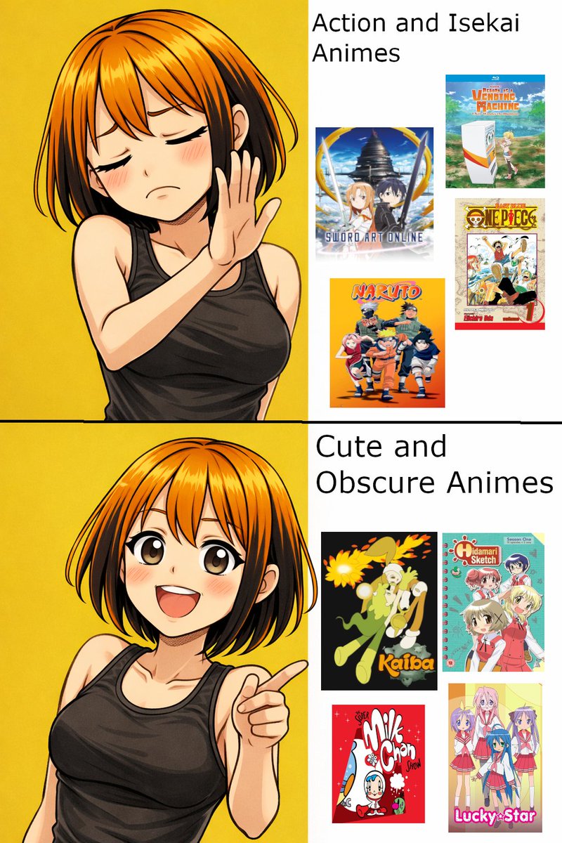 WeeabooHappy's tweet photo. Honest opnion!
Embrace the Cute and Obscure!
.
#Anime #Meme #HidamariSketch #NarutoShippūden https://t.co/iWWcQ3sGde