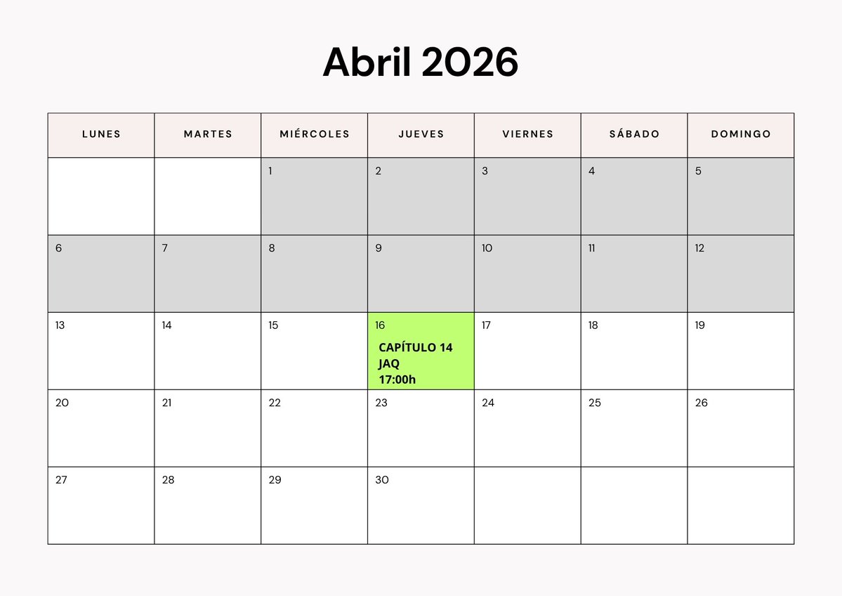 ✨CALENDARIO SEMANAL✨

Os dejo el calendario previsto de la semana que viene.
Es posible que el domingo 19, tengáis también uno del POV de Fina. Pero de momento se queda así, aunque podría cambiar...

#JugandoAQuerernos2 #JugandoAQuerernos #Mafin