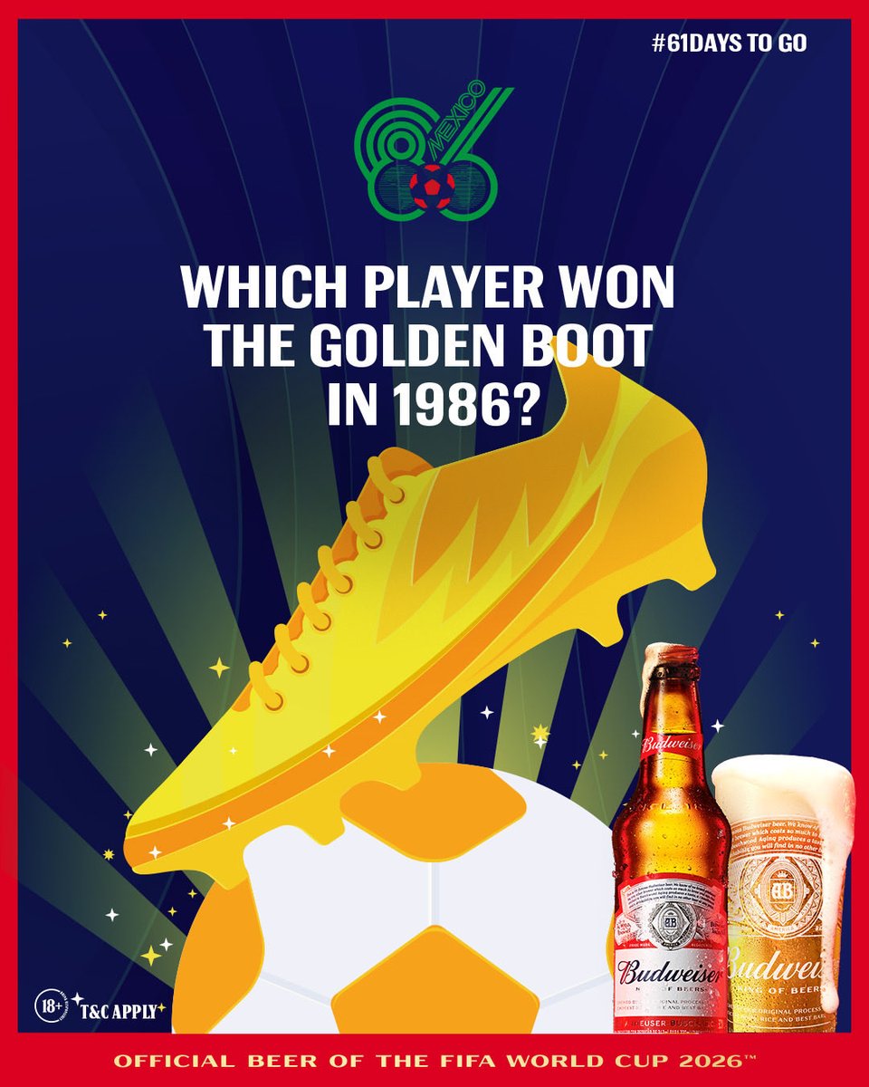 This player scored the most goals in the 1986 FIFA World Cup.
 
Drop your answer in the comments and use the hashtags: #Budstalgia #BudweiserXFWC26 for a chance to win exciting prizes. 🏆✨
 
T&amp;Cs apply.
 
NB: You Must Be Following Across Platforms.
 
#Budweiser