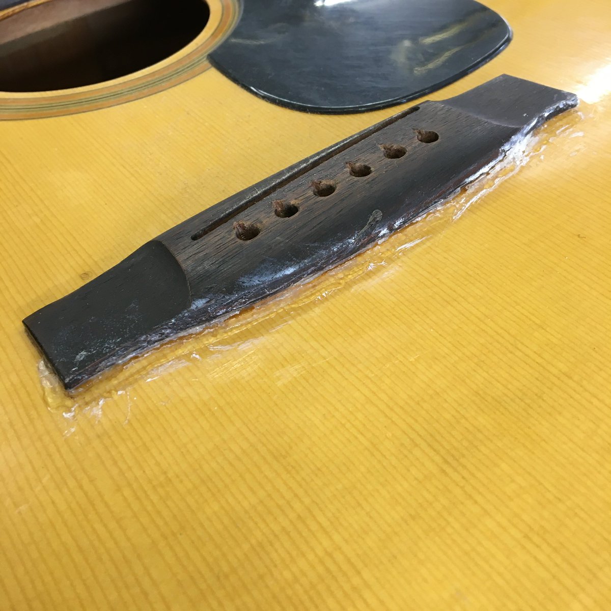 k_instruments's tweet photo. #pirles #ブリッジ剥がれ ①
アコギのブリッジ剥がれです。
何かしらの接着剤で着けようとしてうまくいかなかった様で、分かりにくいですが隙間空いてます。
DIYで再接着に挑戦する方多い様なのですが、本当におすすめしません。
その理由も後々ご説明していきます。
 #柿沼工房 #高円寺 #ギターリペア https://t.co/KadldbtgLS