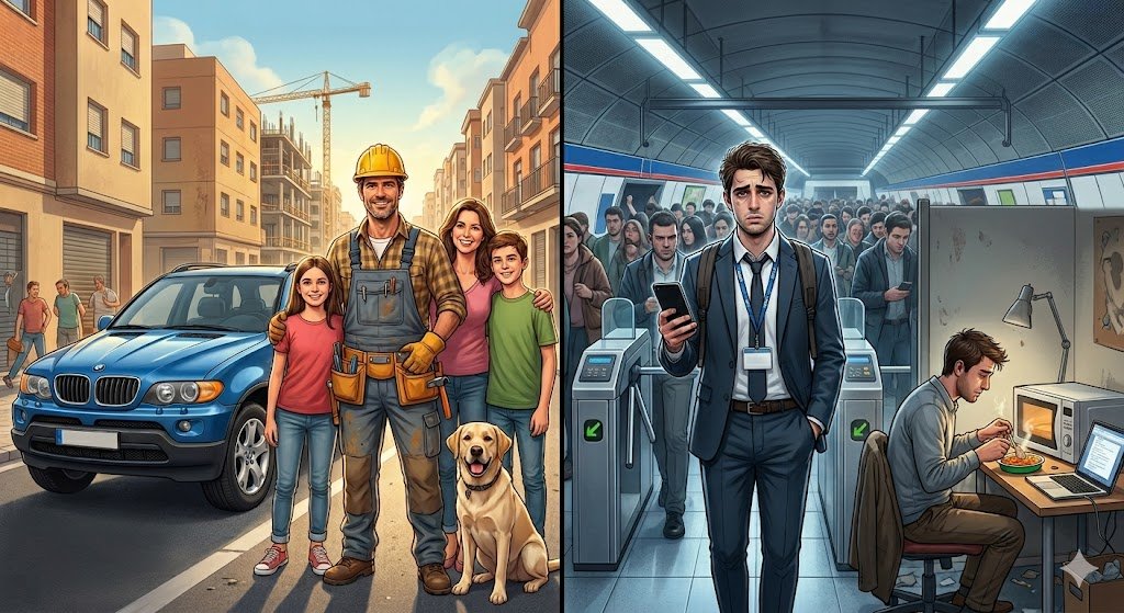 TU TÍTULO VALE MENOS QUE EL CASCO DE TU PADRE.

🏗️ EL PADRE (2000):
- Albañil.
- Piso pagado en Fuenlabrada.
- Apartamento en Benidorm.
- Dos hijos y perro.
- BMW X5.
- Menú del día, al lado del trabajo.

💼 EL HIJO (2026):
- Consultor en Big4.
- Una habitación alquilada.
-
