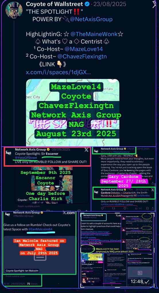 Meowllian's tweet photo. They’re all working together. Sam Parker & Ryan Matta MazeLove14 are the link - who work with Candace Owens and Tim Ballard.

All of these X Space Hosts haven’t been honest about how long they’ve worked for Network Axis Group, NAG. It goes as far back as 2024. We’ve all been played. 

MazeLove14
YoteofStreet 
Truthtellerftm 
GaryCardone 
SimonDixonTwitt
Jordan Daley 
IanMalcolm84
Ian Carroll recently did a Rumble episode with the CEO of NAG 

Parent company 
Flatiron Holdings Partners LLC 
Flatiron Solutions LLC 
Media Axis Group LLC 
The Wellness Company ( TWC ) 

TWC co-founder David Lopez is on the Board of Knight Templar Mormon Tim Ballard’s OUR and works for Knight of Malta  Erik Prince and Foster Wylie Coulson ( all of which have worked with Ryan Matta) 

Erik Prince on the Board of Council for National Policy alongside Steve Bannon, Patrick Byrne, Charlie Kirk and General Michael Flynn. 

Epstein worked with Michael Flynn, Steve Bannon, Foster Wylie Coulson and Susan Rice