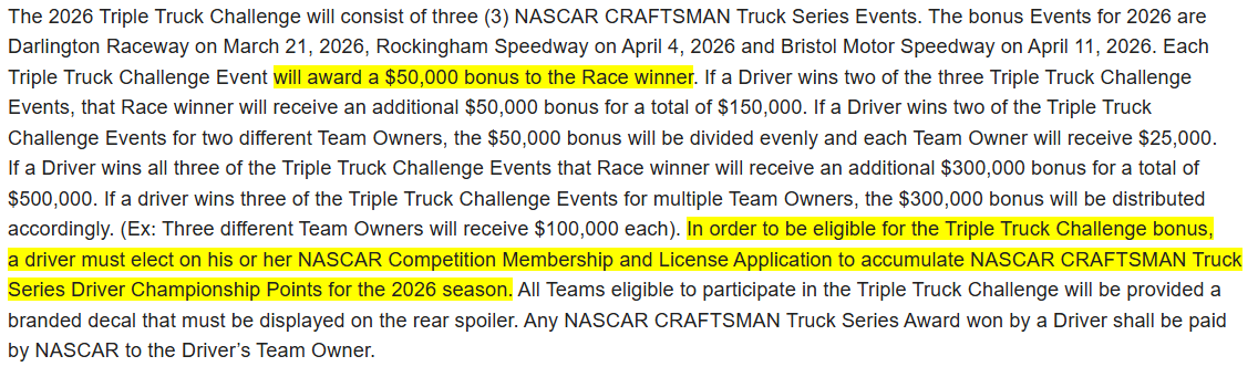 SethEggert91's tweet photo. To clarify the Triple Truck Challenge bonus.
Unlike the Dash4Cash bonus in the @NASCAROReillyAP, the money for the Triple Truck Challenge, #TheTrip, only goes to the race winner if they are an eligible driver (earning @NASCAR_Trucks Series points).
#NASCAR | #TennesseeGuard https://t.co/Td8THrViSY