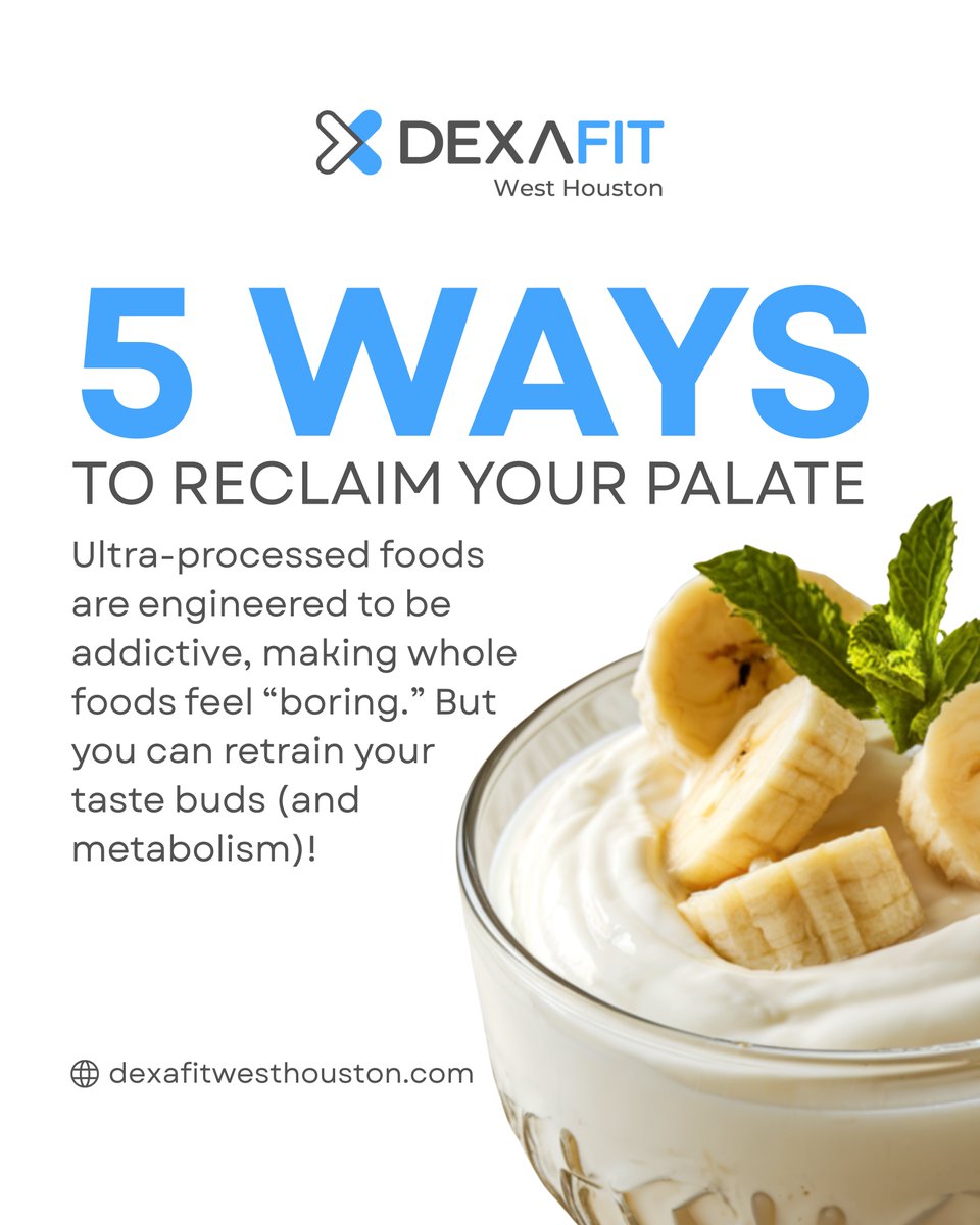 WestHoustonDexa's tweet image. 🍓 5 Ways to Reclaim Your Palate
Ultra-processed foods are engineered to be addictive, making whole foods feel “boring.” But you can retrain your taste buds (and metabolism)!
👉 dexafitwesthouston.com/appointments

#DexaFitWestHouston #MetabolicHealth #BodyComposition