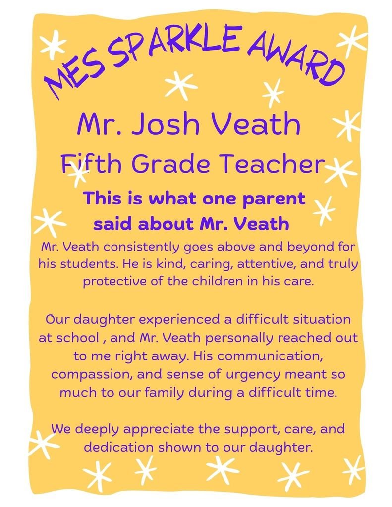 M19_MES's tweet photo. Mascoutah Elementary School would like to congratulate Mr. Josh Veath, fifth grade teacher, whom was nominated for the Staff Sparkle award. We are happy he is on the MES team!  #MESProud https://t.co/w3ZbTazlS7