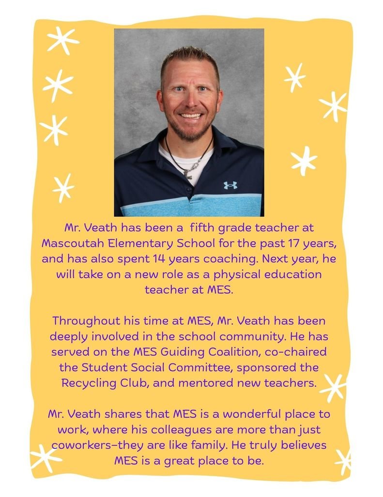 M19_MES's tweet photo. Mascoutah Elementary School would like to congratulate Mr. Josh Veath, fifth grade teacher, whom was nominated for the Staff Sparkle award. We are happy he is on the MES team!  #MESProud https://t.co/w3ZbTazlS7