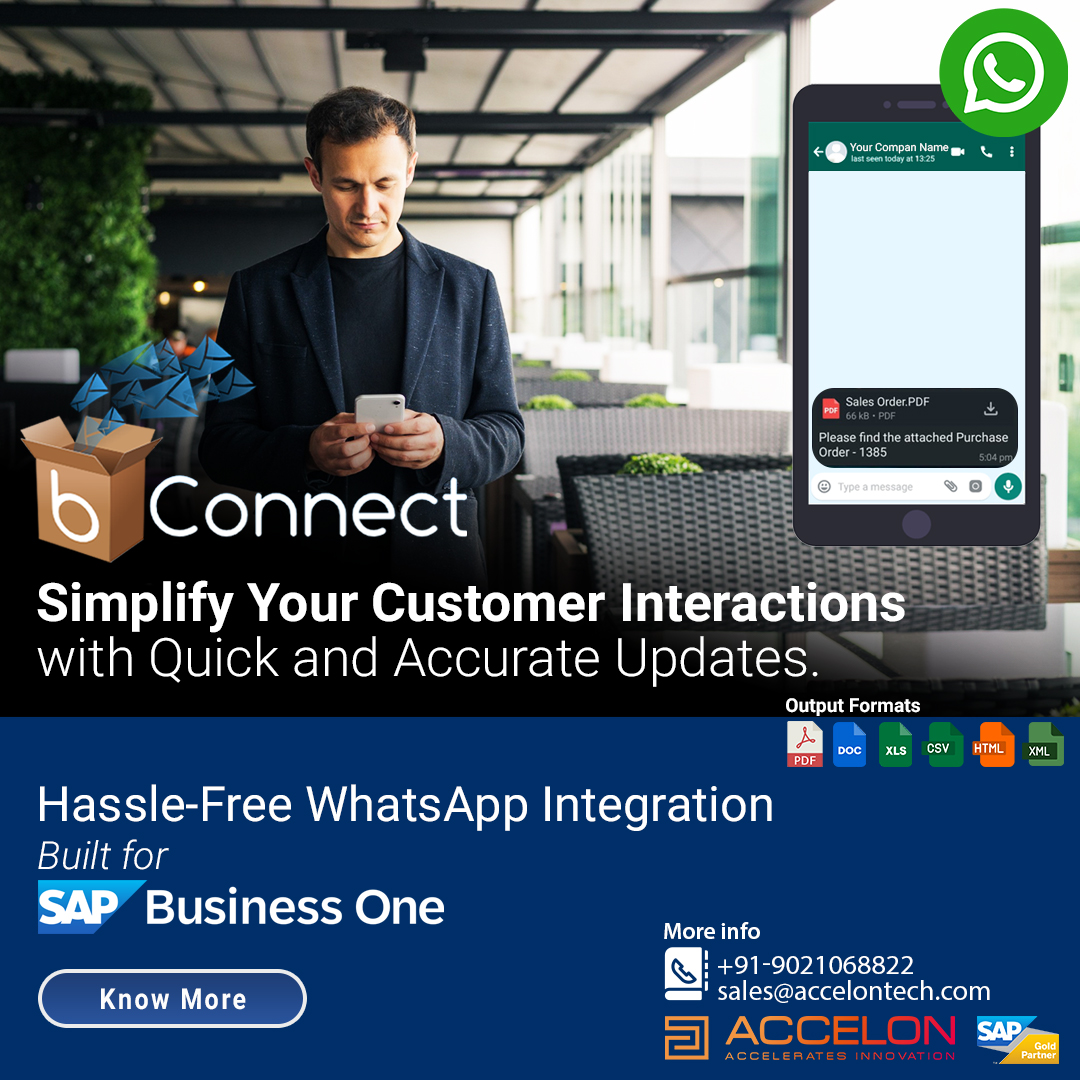 📲 Effortless WhatsApp Communication – Powered by bConnect

Tired of juggling messages manually?
With bConnect, streamline customer communication across WhatsApp, Email, Viber, and SMS—all directly from SAP Business One.
✅ Auto-send invoices &amp; order updates
✅ Schedule reminders