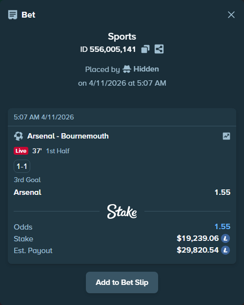 stakesportwhale's tweet image. 🚨 HIGH ROLLER ALERT 🏅
🎯 Arsenal - Bournemouth
📊 Odds: 1.55
💰 $19,239.06 → $29,820.54

🔗 stake.com/sports/home?ii…

💎 $100K+ alerts only HERE: t.me/stakesportwhal…

#Stake #HighRoller #SportsBetting