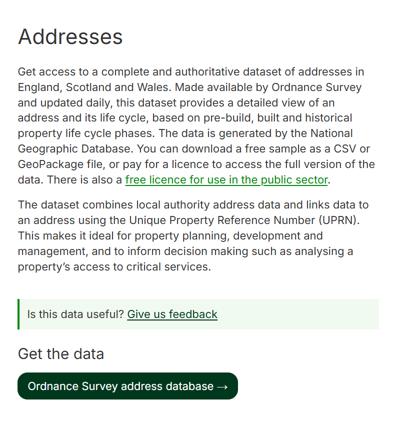 owenboswarva's tweet photo. The only source of address data highlighted on this DataGovUK "collection" page is a link to an Ordnance Survey product that is only available to the general public on commercial terms:

Addresses https://t.co/hcr5YbbrAJ

Isn't that (a) advertising, and (b) anti-competitive? https://t.co/O92ETPrsdM
